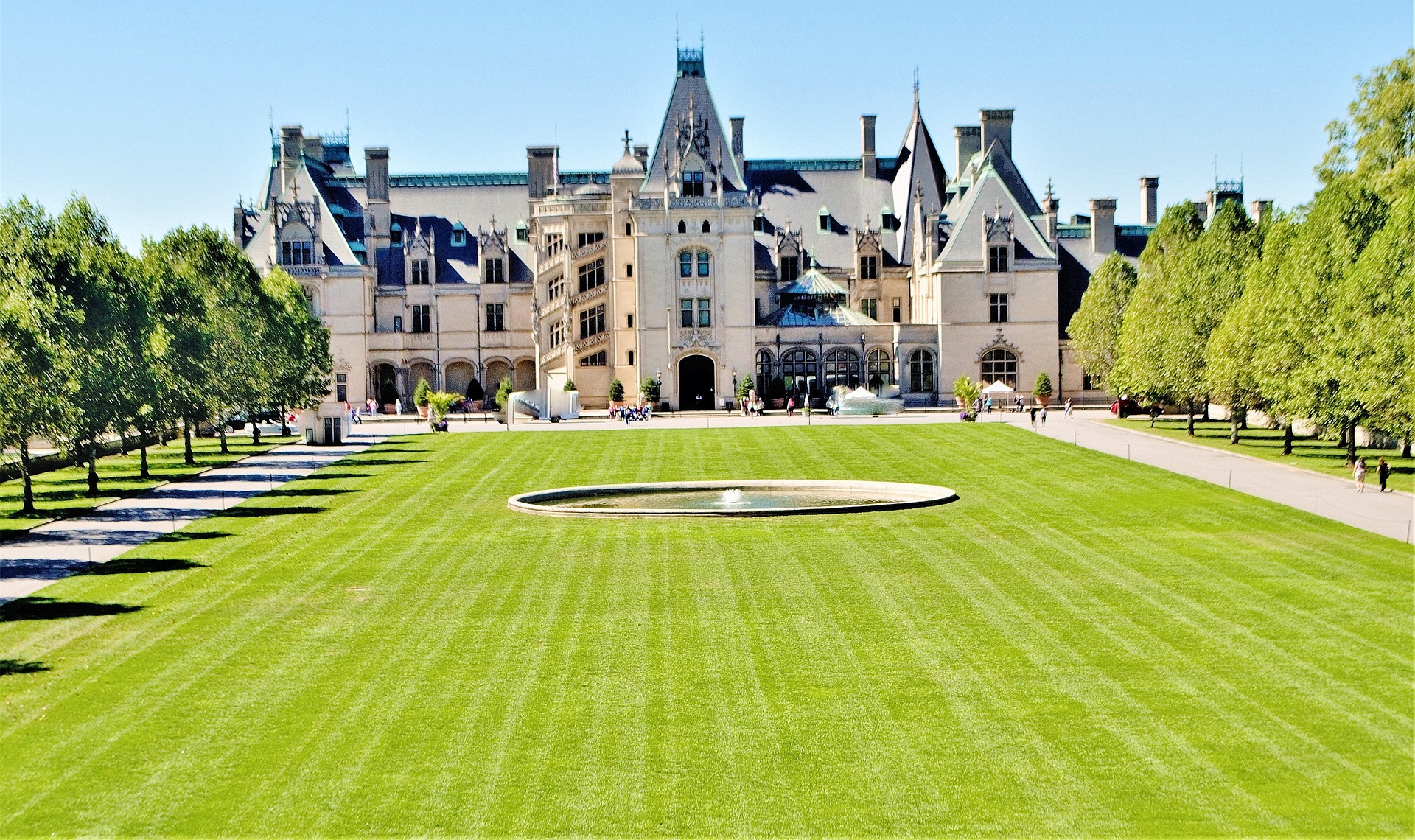 Exterior view of the Biltmore Estate mansion with gardens in Asheville, North Carolina